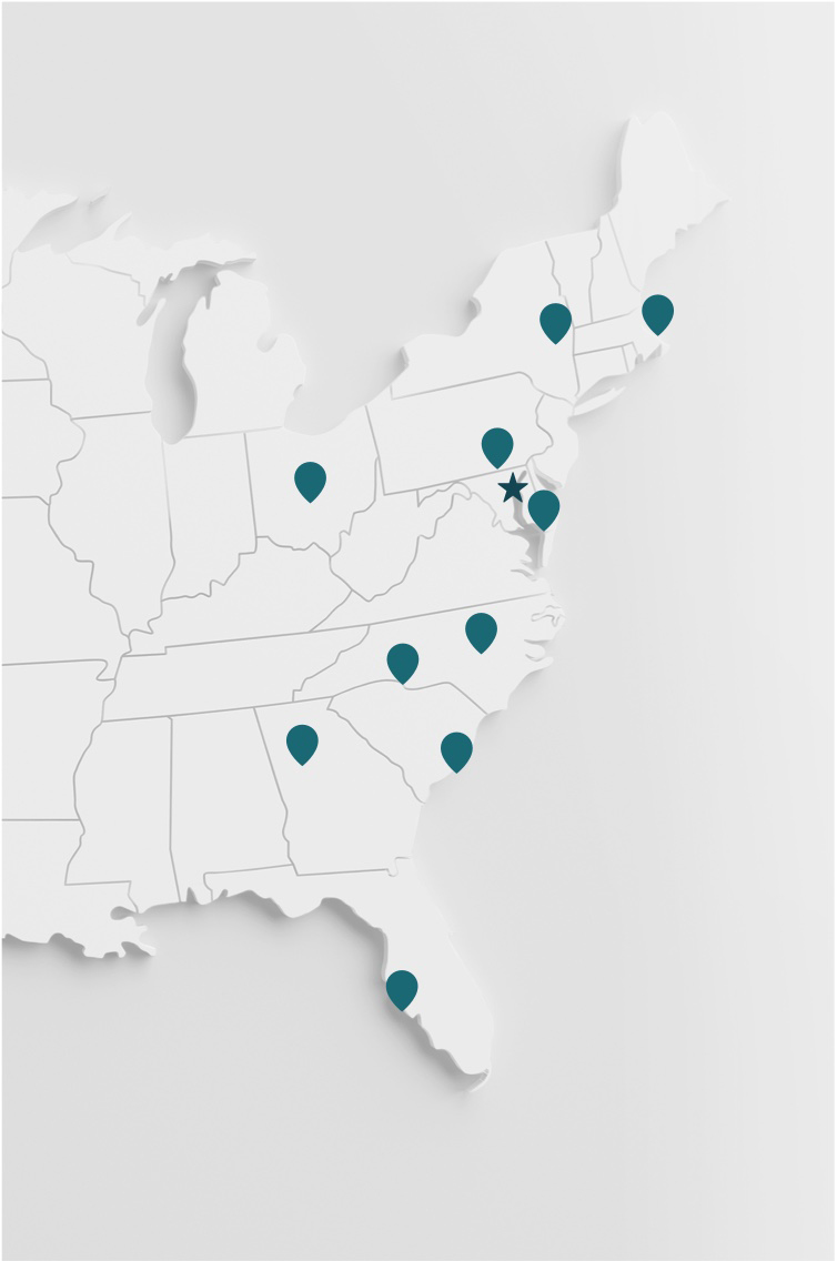 Map of the US showing various locations denoted by green pins